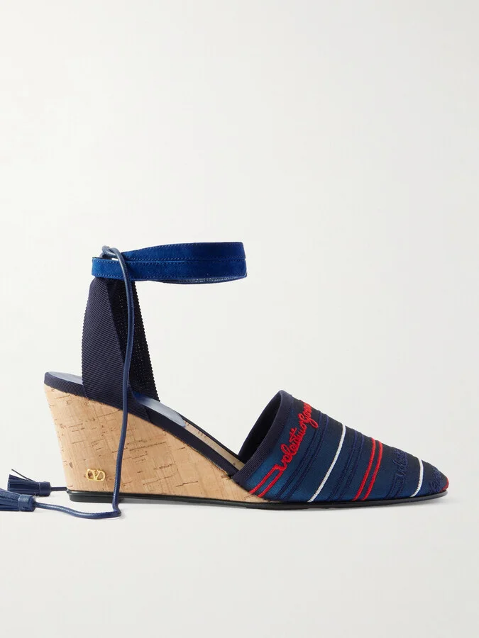 Valentino Garavani - La Cruisette 75 Tasseled Embroidered Canvas Wedge Sandals - Blue