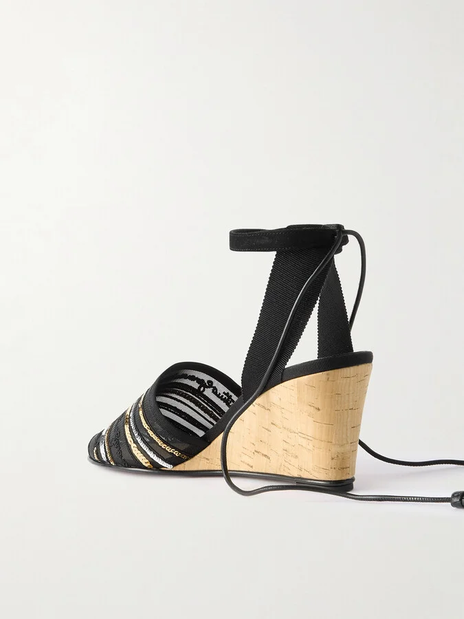 Valentino Garavani - La Cruisette 75 Tasseled Sequin-embellished Embroidered Mesh Wedges - Black - Image 3