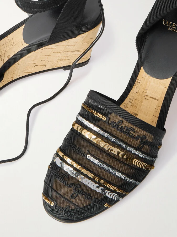 Valentino Garavani - La Cruisette 75 Tasseled Sequin-embellished Embroidered Mesh Wedges - Black - Image 4