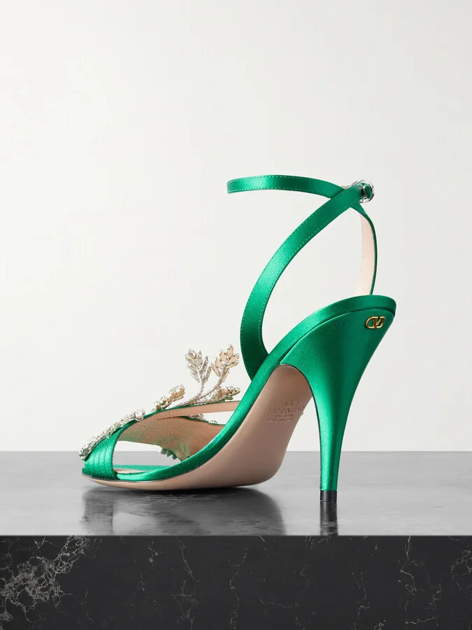 Valentino Garavani - Ladycrush 100 Crystal-embellished Satin Sandals - Green - Image 2