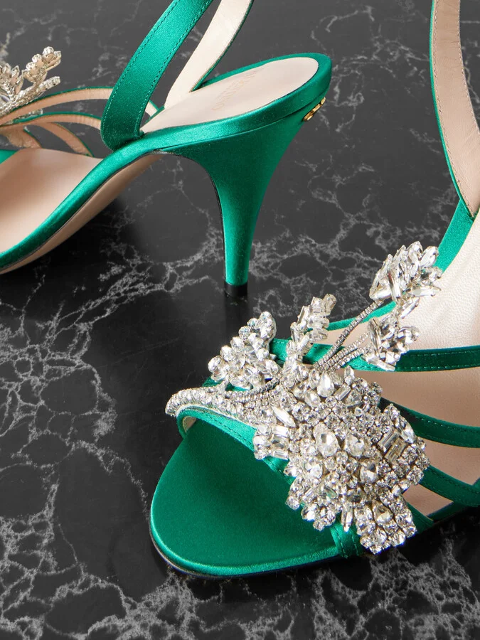 Valentino Garavani - Ladycrush 100 Crystal-embellished Satin Sandals - Green - Image 4