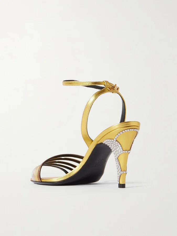 Valentino Garavani - Ladycrush 85 Crystal-embellished Metallic Leather Pumps - Gold - Image 3