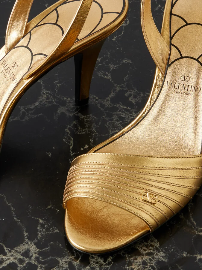 Valentino Garavani - Ladycrush 85 Embellished Metallic Leather Sandals - Gold - Image 4