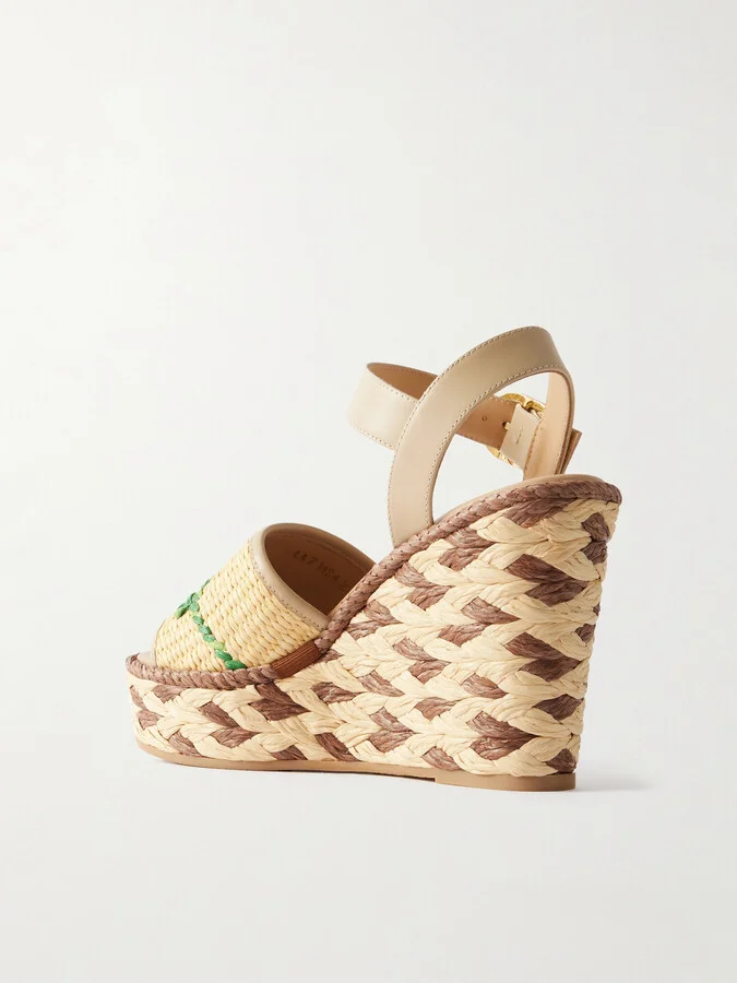 Valentino Garavani - Leather And Floral-embroidered Raffia Wedge Espadrilles - Neutrals - Image 3