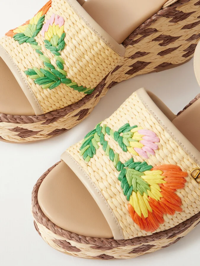 Valentino Garavani - Leather And Floral-embroidered Raffia Wedge Espadrilles - Neutrals - Image 4