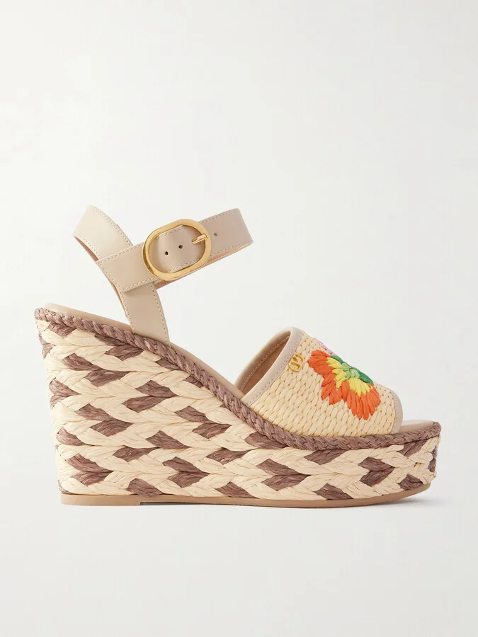 Valentino Garavani - Leather And Floral-embroidered Raffia Wedge Espadrilles - Neutrals