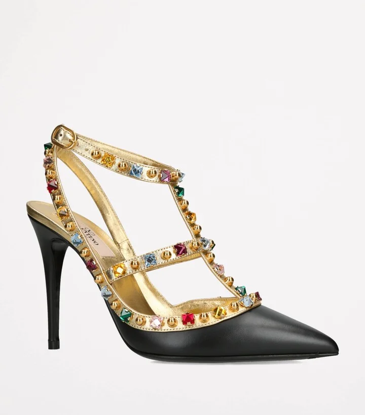 Valentino Garavani Leather Strass-Embellished Rockstud Heels 100 - Image 3