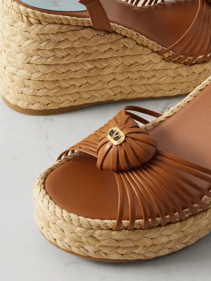 Valentino Garavani - Leather-trimmed Wedge Espadrilles - Brown - Image 4