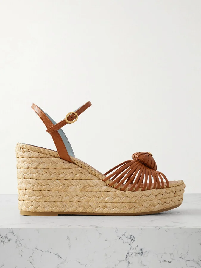 Valentino Garavani - Leather-trimmed Wedge Espadrilles - Brown