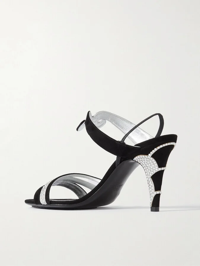 Valentino Garavani - L'une Et L'autre 85 Crystal-embellished Suede And Leather Slingback Sandals - Silver - Image 3