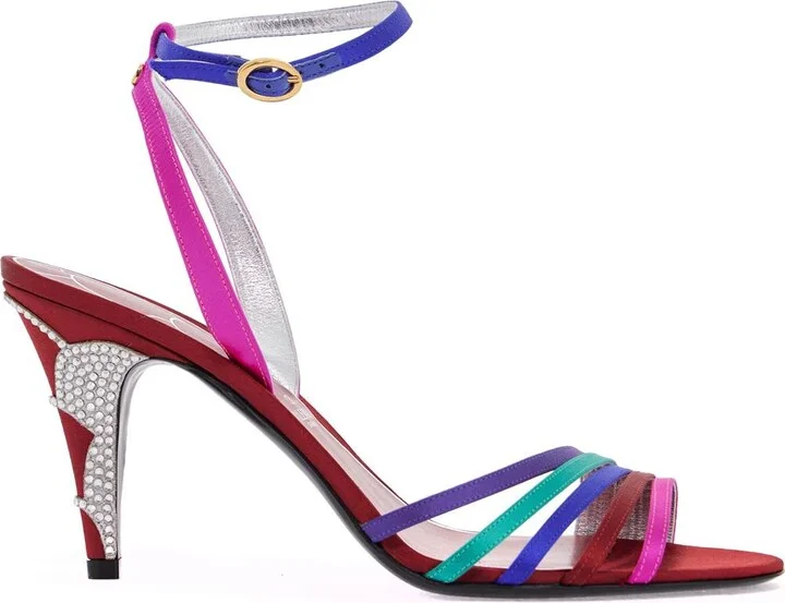 VALENTINO GARAVANI multicolor high heel sandals with strass in calfskin and red sole