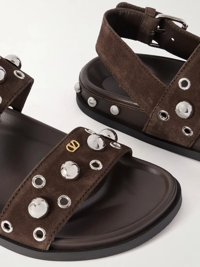 Valentino Garavani - Nellcôte 20 Studded Eyelet-embellished Leather And Suede Sandals - Brown - Image 4