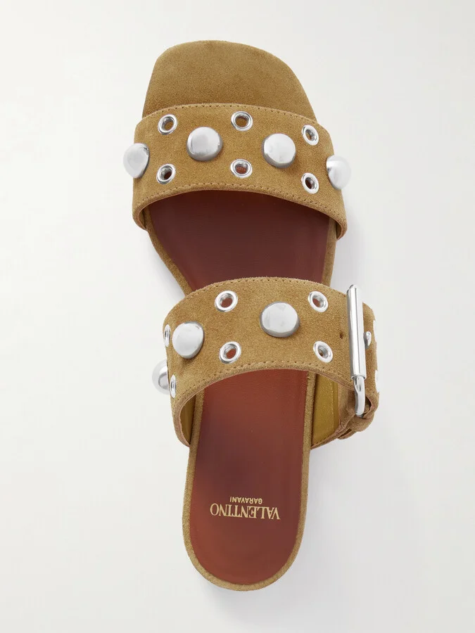 Valentino Garavani - Nellcôte Embellished Suede Slides - Brown - Image 5