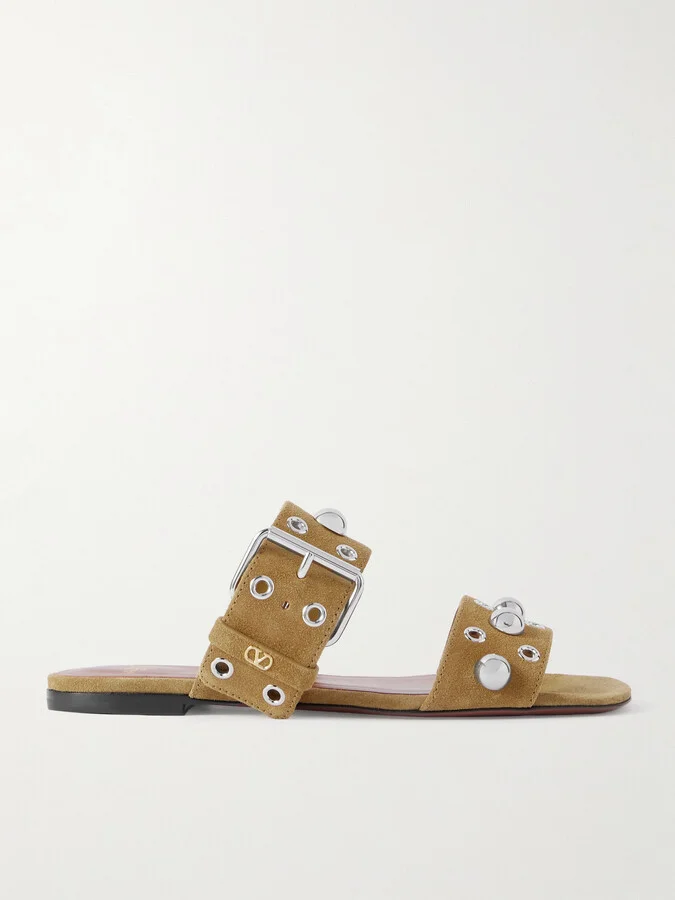 Valentino Garavani - Nellcôte Embellished Suede Slides - Brown