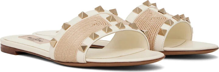 Valentino Garavani Off-White & Beige Rockstud Slide Sandals - Image 4