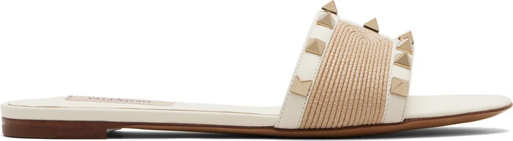 Valentino Garavani Off-White & Beige Rockstud Slide Sandals