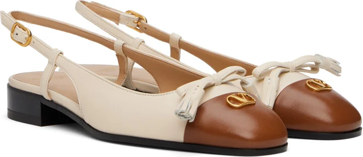 Valentino Garavani Off-White & Brown Valet Du Roi Slingback Ballerina Flats - Image 4