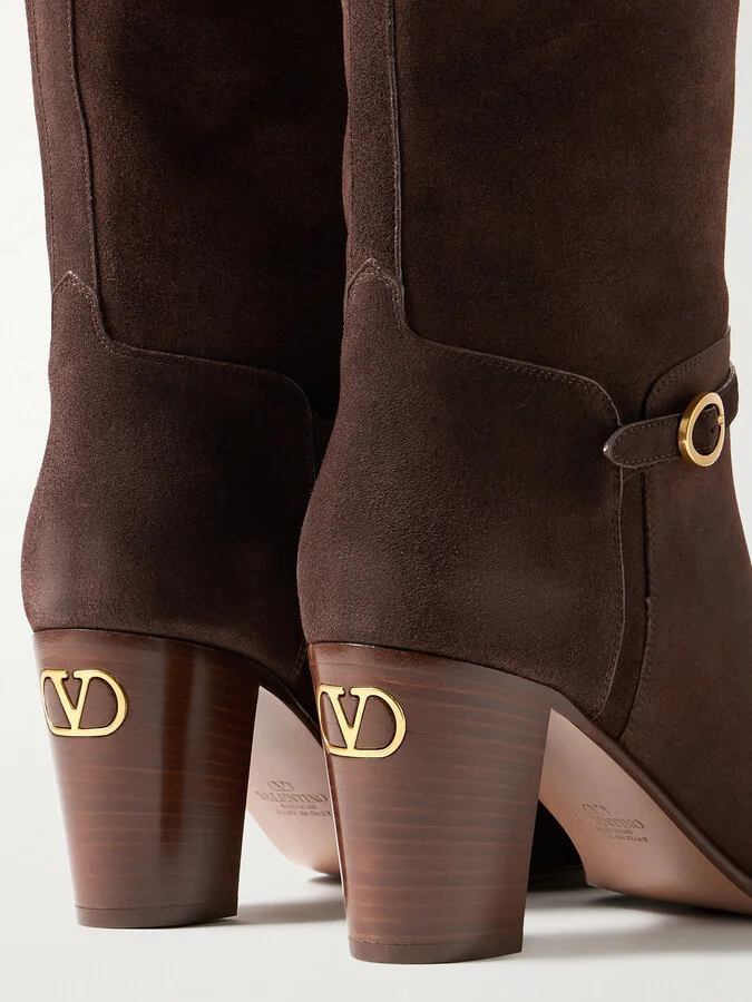 Valentino Garavani - Pattie 75 Buckle-embellished Suede Knee Boots - Brown - Image 4