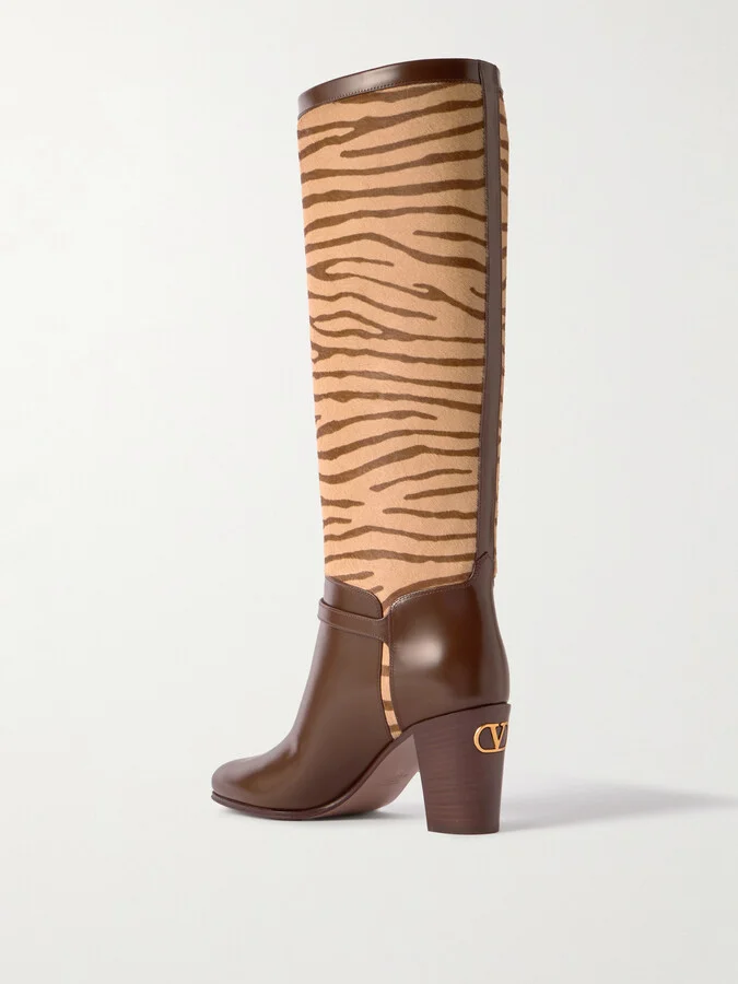 Valentino Garavani - Pattie 75 Buckle-embellished Zebra-print Calf Hair And Leather Knee Boots - Brown - Image 3