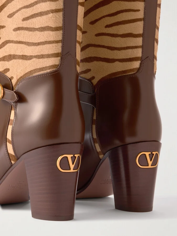 Valentino Garavani - Pattie 75 Buckle-embellished Zebra-print Calf Hair And Leather Knee Boots - Brown - Image 4