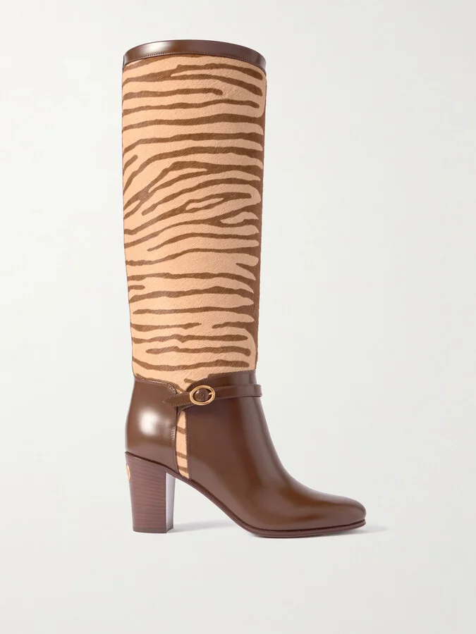 Valentino Garavani - Pattie 75 Buckle-embellished Zebra-print Calf Hair And Leather Knee Boots - Brown