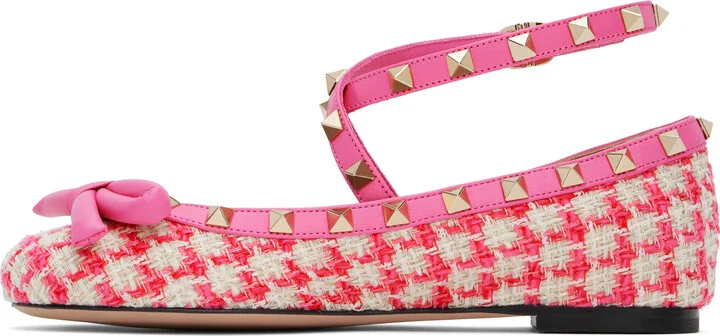 Valentino Garavani Pink Rockstud Tweed Ballerina Flats - Image 3