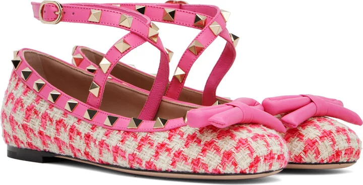 Valentino Garavani Pink Rockstud Tweed Ballerina Flats - Image 4