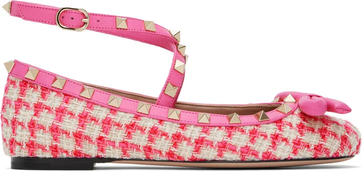 Valentino Garavani Pink Rockstud Tweed Ballerina Flats