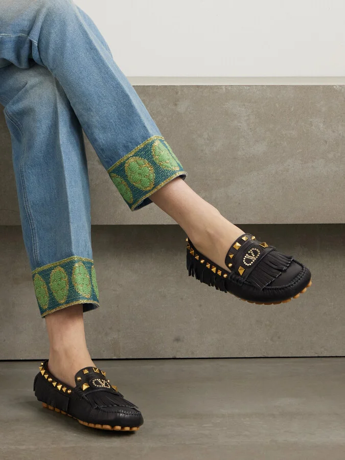 Valentino Garavani - Plaster Caster Driver Fringed Studded Textured-leather Loafers - Black - Image 2