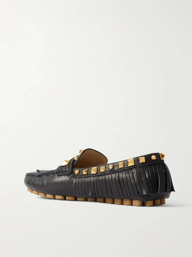 Valentino Garavani - Plaster Caster Driver Fringed Studded Textured-leather Loafers - Black - Image 3