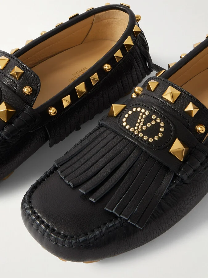 Valentino Garavani - Plaster Caster Driver Fringed Studded Textured-leather Loafers - Black - Image 4