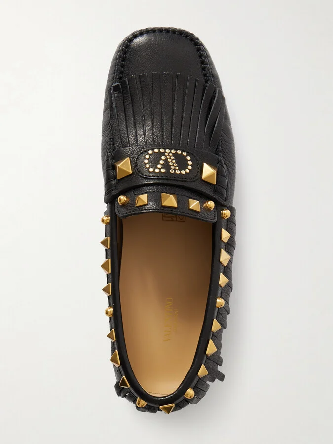 Valentino Garavani - Plaster Caster Driver Fringed Studded Textured-leather Loafers - Black - Image 5