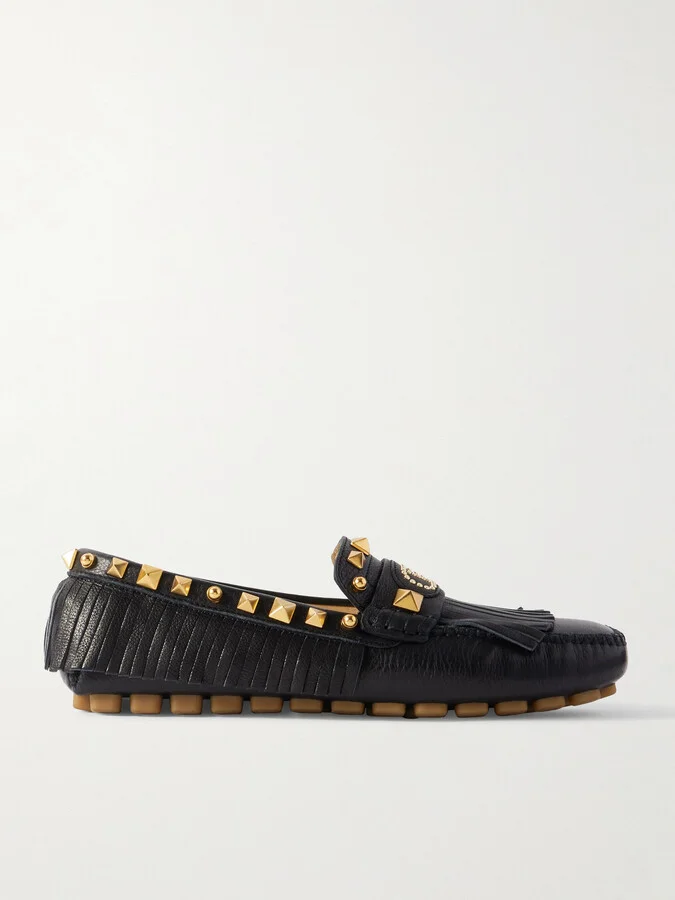 Valentino Garavani - Plaster Caster Driver Fringed Studded Textured-leather Loafers - Black