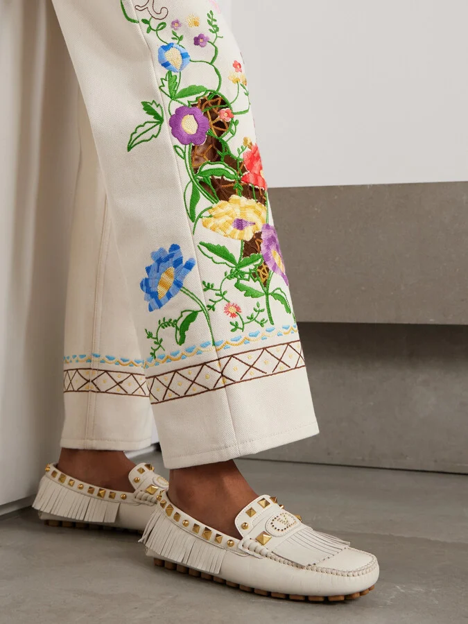 Valentino Garavani - Plaster Caster Driver Fringed Studded Textured-leather Loafers - Ivory - Image 2