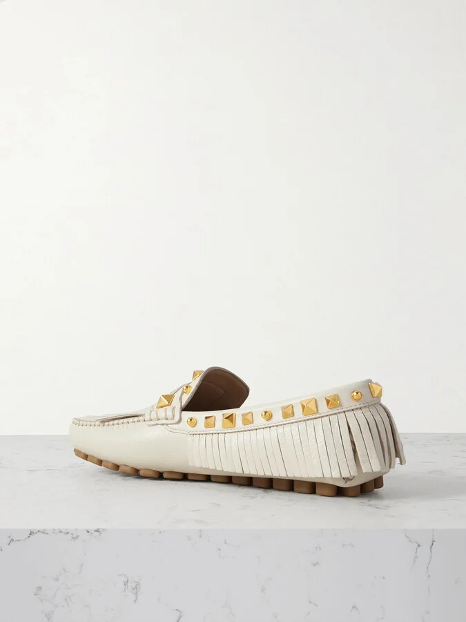 Valentino Garavani - Plaster Caster Driver Fringed Studded Textured-leather Loafers - Ivory - Image 3