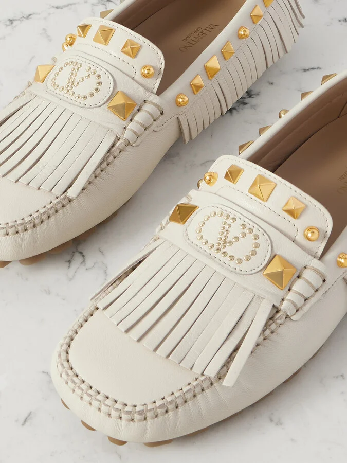 Valentino Garavani - Plaster Caster Driver Fringed Studded Textured-leather Loafers - Ivory - Image 4