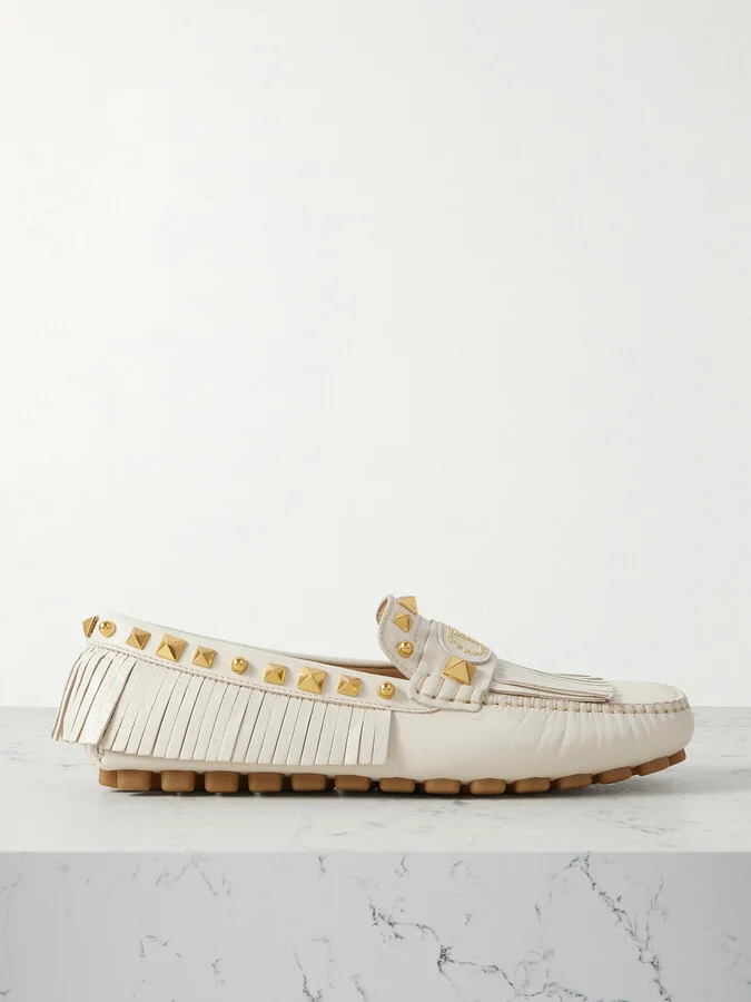 Valentino Garavani - Plaster Caster Driver Fringed Studded Textured-leather Loafers - Ivory