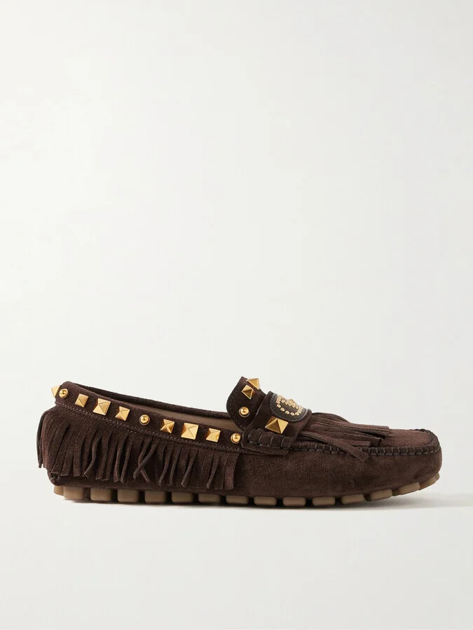 Valentino Garavani - Plaster Caster Fringed Studded Suede Loafers - Brown