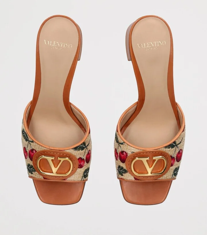 Valentino Garavani Raffia VLogo Cherry Heleed Mules 60 - Image 4