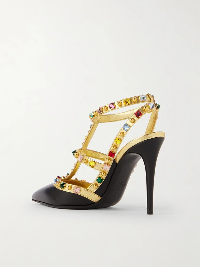 Valentino Garavani - Rockstud 100 Embellished Metallic Leather Pumps - Black - Image 3