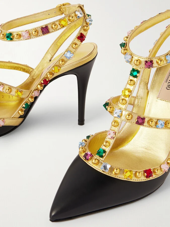 Valentino Garavani - Rockstud 100 Embellished Metallic Leather Pumps - Black - Image 4