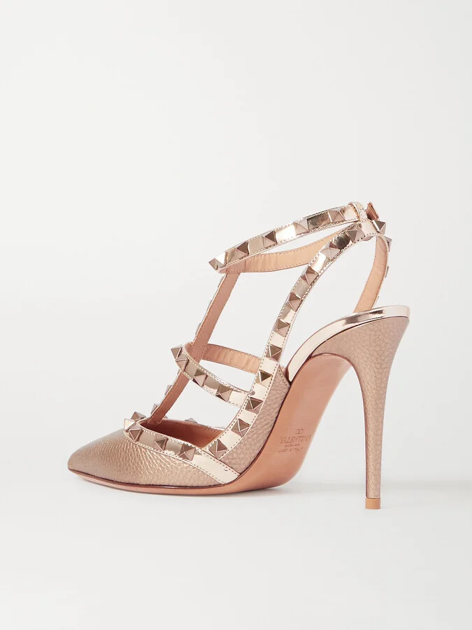Valentino Garavani - Rockstud 105 Metallic Textured-leather Pumps - Rose gold - Image 3