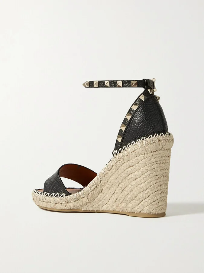 Valentino Garavani - Rockstud 105 Textured-leather Espadrille Wedge Sandals - Black - Image 3