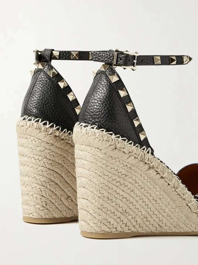 Valentino Garavani - Rockstud 105 Textured-leather Espadrille Wedge Sandals - Black - Image 4
