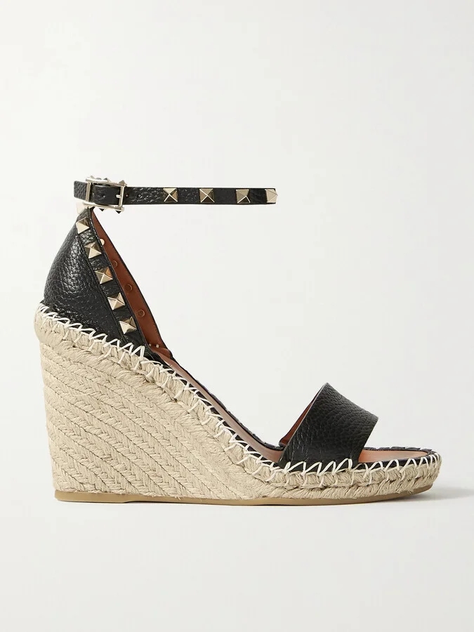 Valentino Garavani - Rockstud 105 Textured-leather Espadrille Wedge Sandals - Black