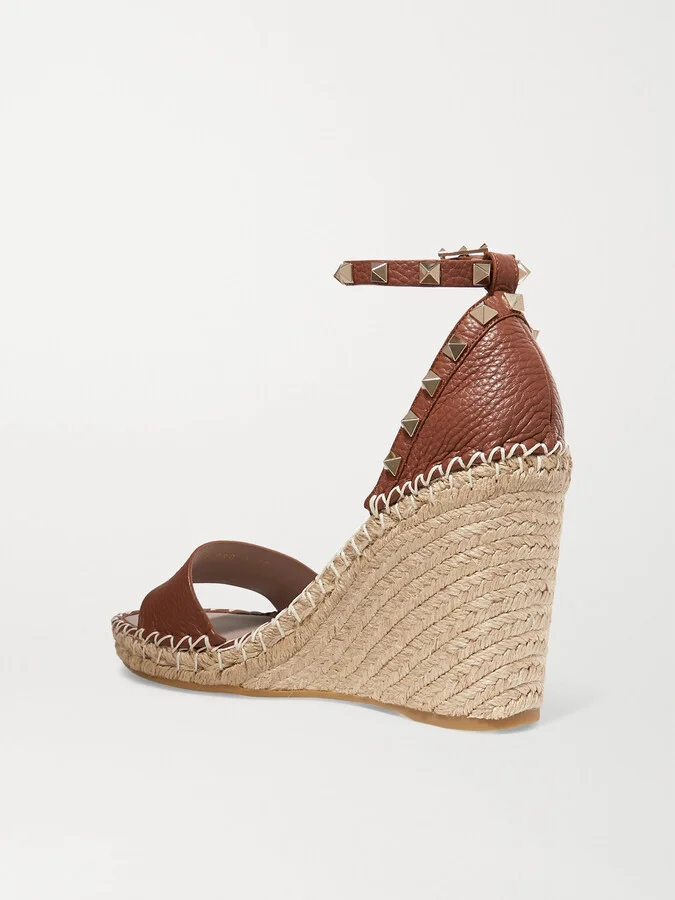 Valentino Garavani - Rockstud 105 Textured-leather Espadrille Wedge Sandals - Brown - Image 3