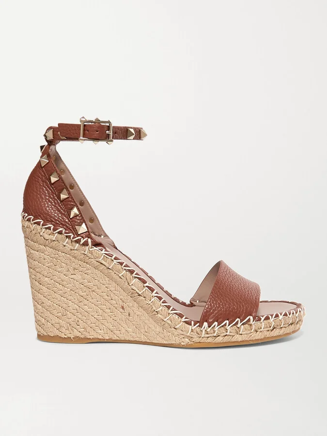 Valentino Garavani - Rockstud 105 Textured-leather Espadrille Wedge Sandals - Brown