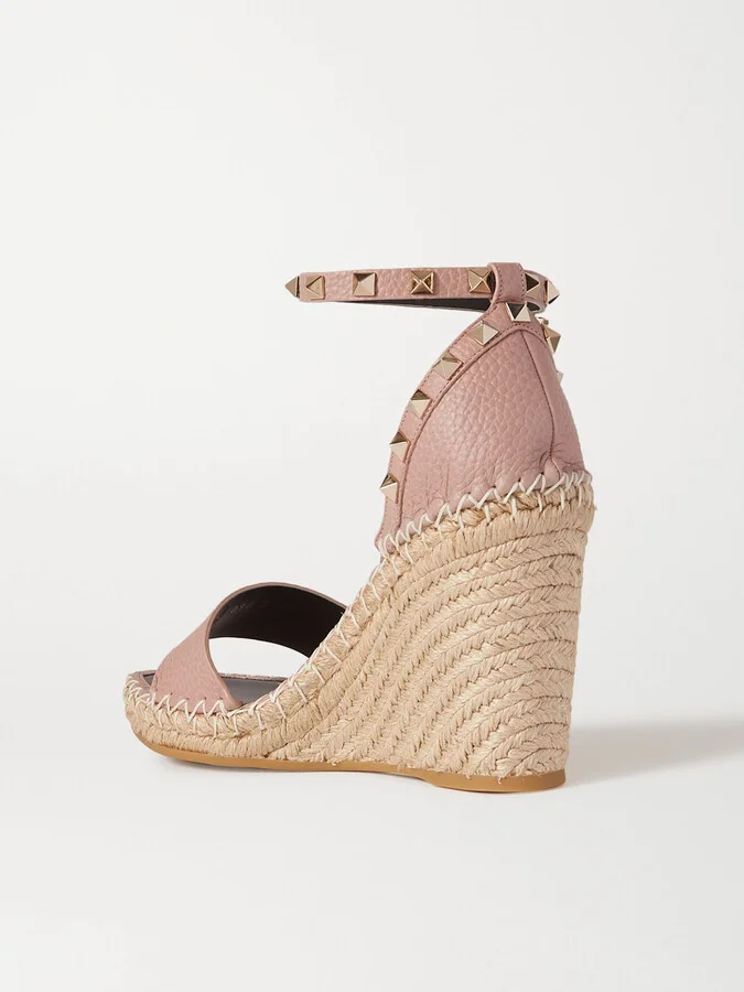 Valentino Garavani - Rockstud 105 Textured-leather Espadrille Wedge Sandals - Neutrals - Image 3