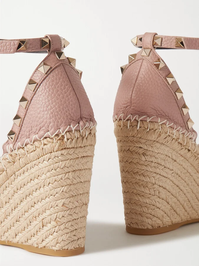 Valentino Garavani - Rockstud 105 Textured-leather Espadrille Wedge Sandals - Neutrals - Image 4