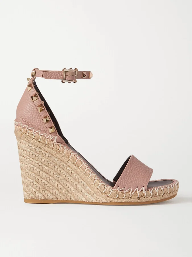 Valentino Garavani - Rockstud 105 Textured-leather Espadrille Wedge Sandals - Neutrals